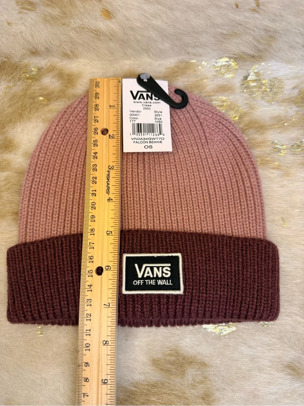Vans Falcon Beanie Pink Burgundy Two Tone Cuffed Knit OS New With Tags Unisex